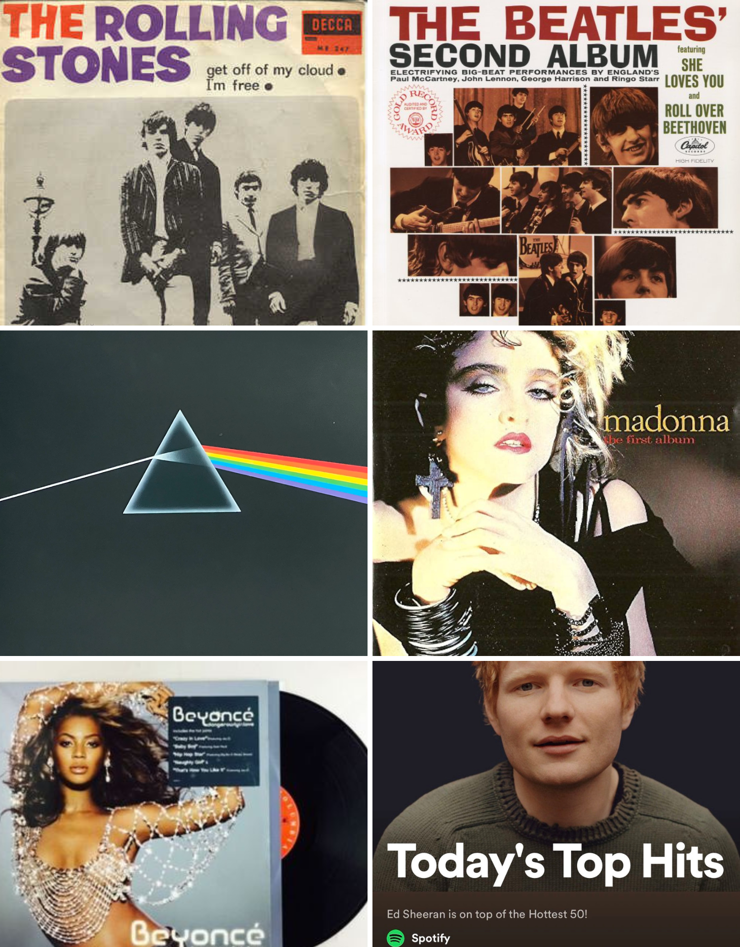 Vinyl record album covers in a collage showing The rolling Stones, The Beatles second album, Pink Floyd, Madonna the first album, Beyonce and Ed Sheeran.