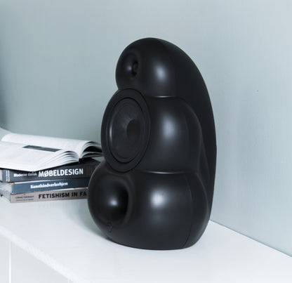 Scandyna BGP hifi loudspeaker in matte-black color, placed on white shelf with books about furniture design in background 