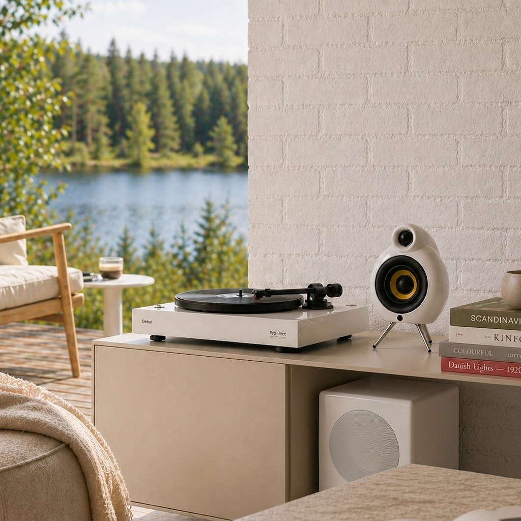 HiFi turntable and Scandyna M1 loudspeaker on a painted cabinet with a Scandinavian scenic view of trees and water. Scandyna Subwoofer M1  placed under the cabinet topshelf.