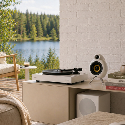 HiFi turntable and Scandyna M1 loudspeaker on a painted cabinet with a Scandinavian scenic view of trees and water. Scandyna Subwoofer M1  placed under the cabinet topshelf.
