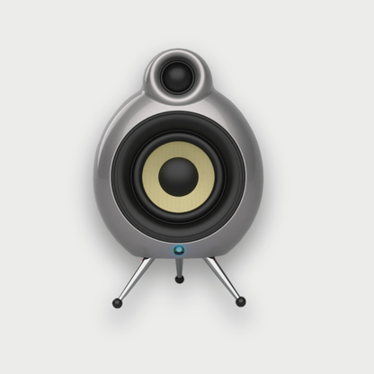 Scandyna loudspeaker with silver metallic finish on a light gray background 
