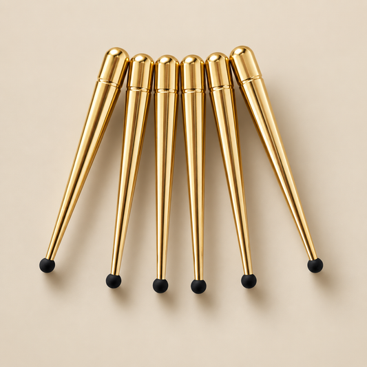 Scandyna golden speaker spikes, 6-pack, with black rubber tips.