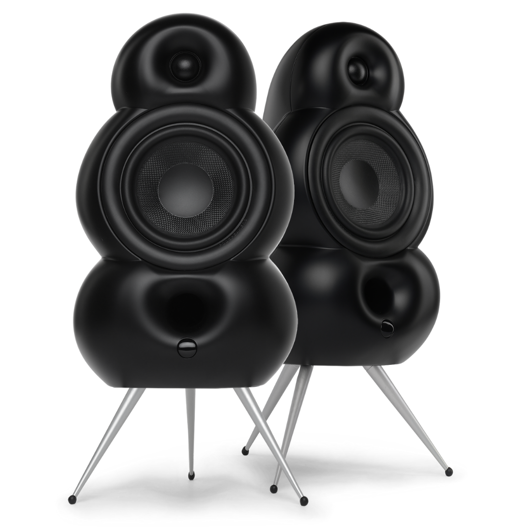 Scandyna TV-Pack in black is a pair of MNP loudspeaker in black with silver colored aluminium spikes, black Kevlar woofers, black decoration rings, no background, SKU #18311