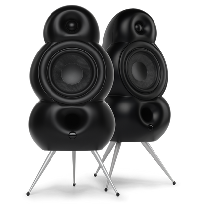 Scandyna TV-Pack in black is a pair of MNP loudspeaker in black with silver colored aluminium spikes, black Kevlar woofers, black decoration rings, no background, SKU #18311