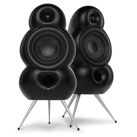 Scandyna TV-Pack in black is a pair of MNP loudspeaker in black with silver colored aluminium spikes, black Kevlar woofers, black decoration rings, no background, SKU #18311