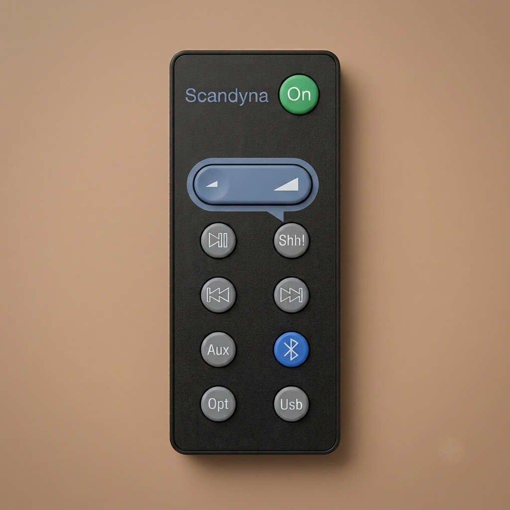A black remote control with a green On button, blue volume slider, and gray buttons labeled with functions like Scandyna, Shh! (mute) Aux, USB, and Bluetooth, shown on a solid warm beige background.