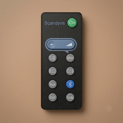 A black remote control with a green On button, blue volume slider, and gray buttons labeled with functions like Scandyna, Shh! (mute) Aux, USB, and Bluetooth, shown on a solid warm beige background.